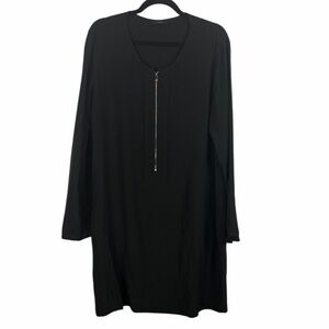 RIANI Black Zip Front Tunic Dress Long Roll Tab Sleeve Minimalist Large